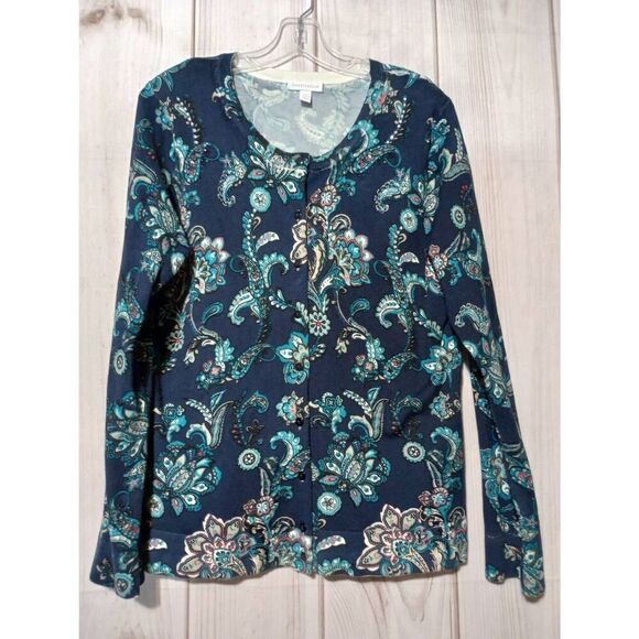 Charter Club Sweater Ladies Extra Large Navy Teal‎ Cardigan Paisley - Picture 1 of 6
